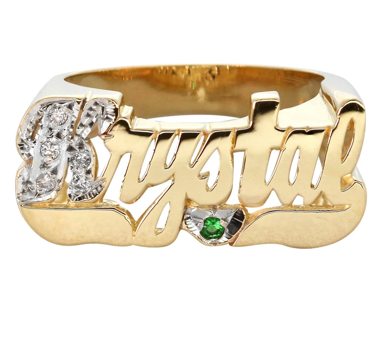 14K Diamond & Emerald Gold Name Ring