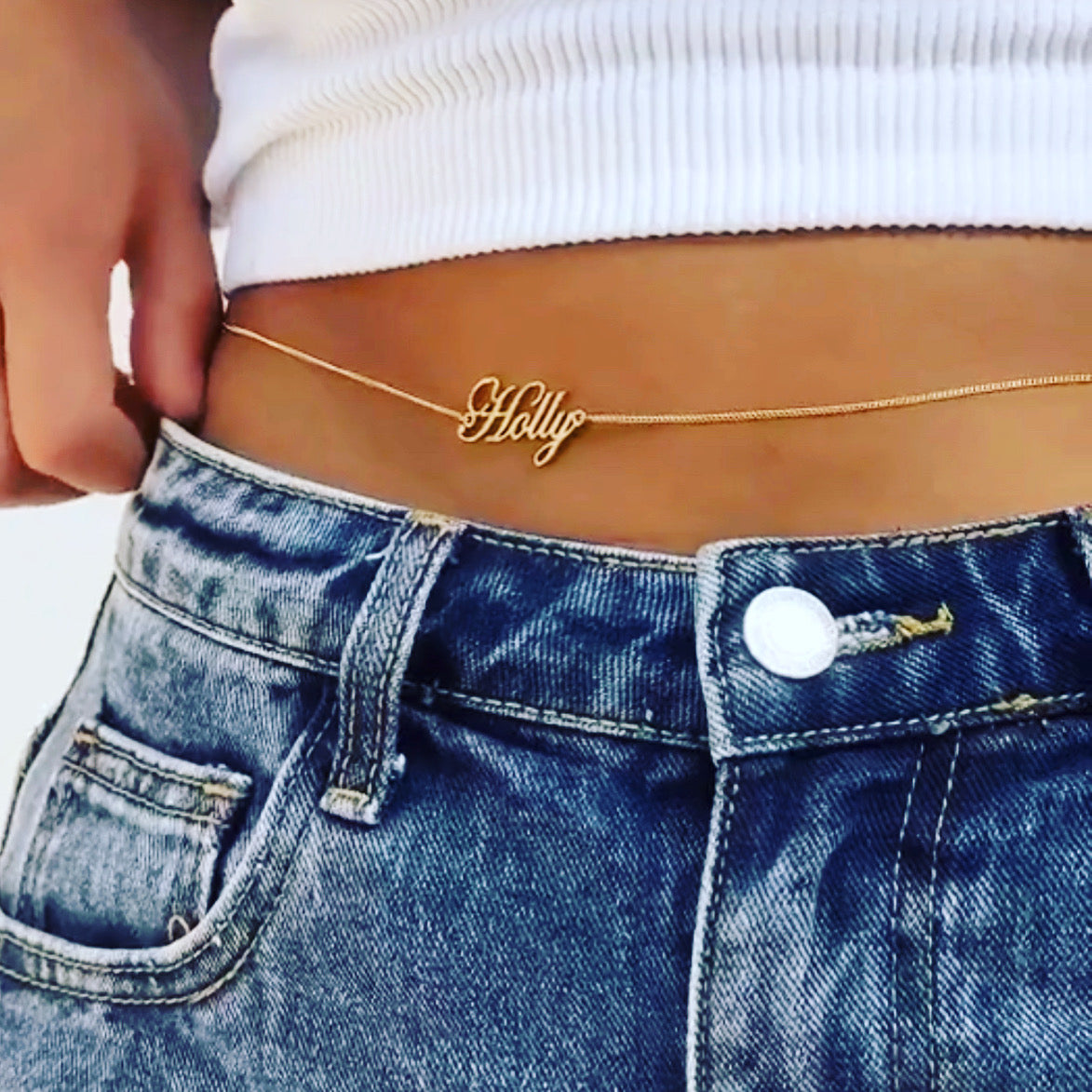 Custom belly chain with your name!   Perfect for summer and fashion wear!   Available in, silver or gold plated!