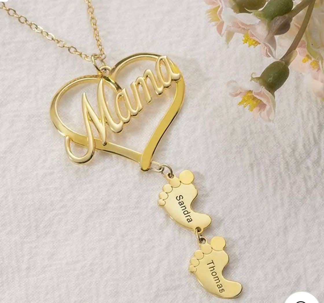 FOR MOTHER - HEART BABY FEET CUSTOM NECKLACE ( can add as many names as needed)