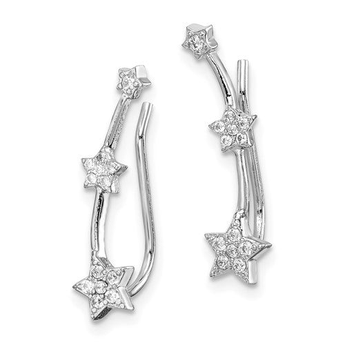 Sterling Silver Rhodium-plated Polished CZ Three Star Ear Climber Earrings STYLE: QE15064