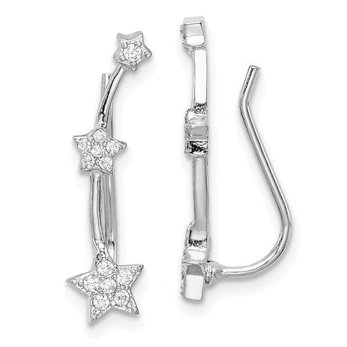 Sterling Silver Rhodium-plated Polished CZ Three Star Ear Climber Earrings STYLE: QE15064