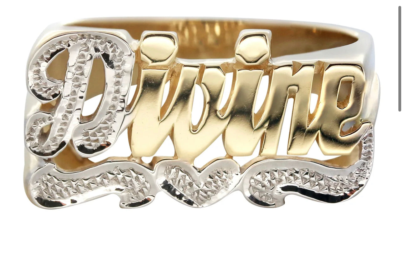 14K Two Tone Diamond Cut Gold Name Ring