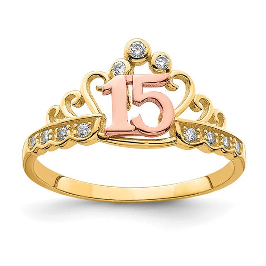 10K Two-Tone CZ 15 Crown Ring 10c1430