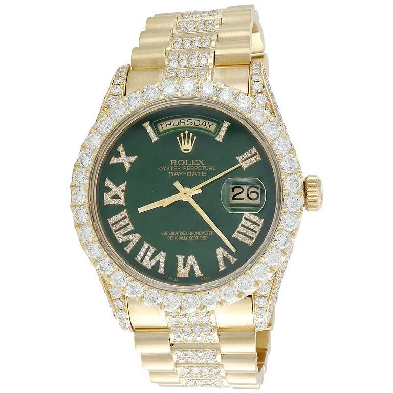 Rolex President Day-Date 18038 Diamond Watch 18K Gold 36mm Green Roman 10.73 CT.