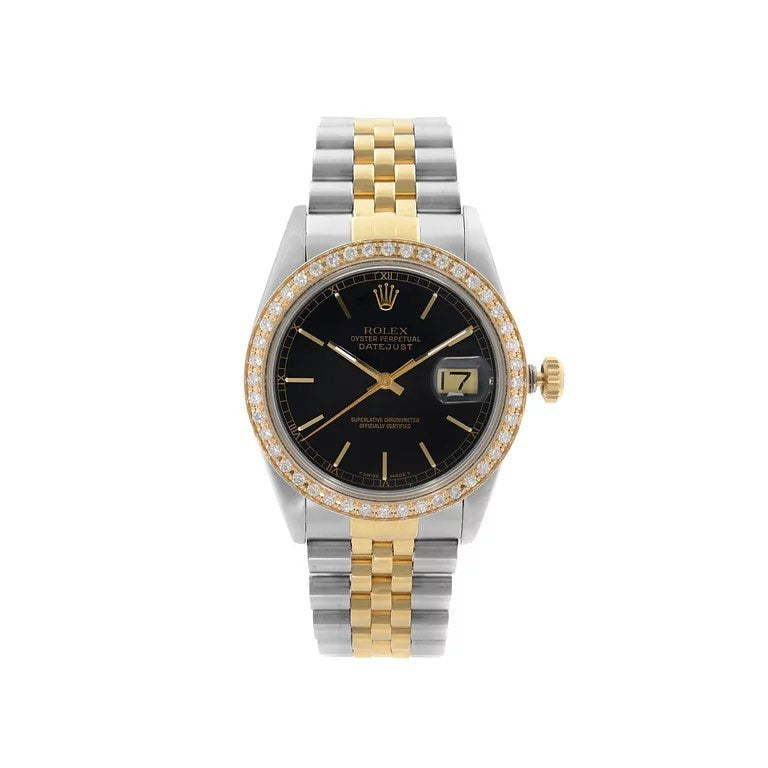 Rolex Datejust 36mm Steel 18k Gold Custom Bezel Black Dial Mens Watch 16030